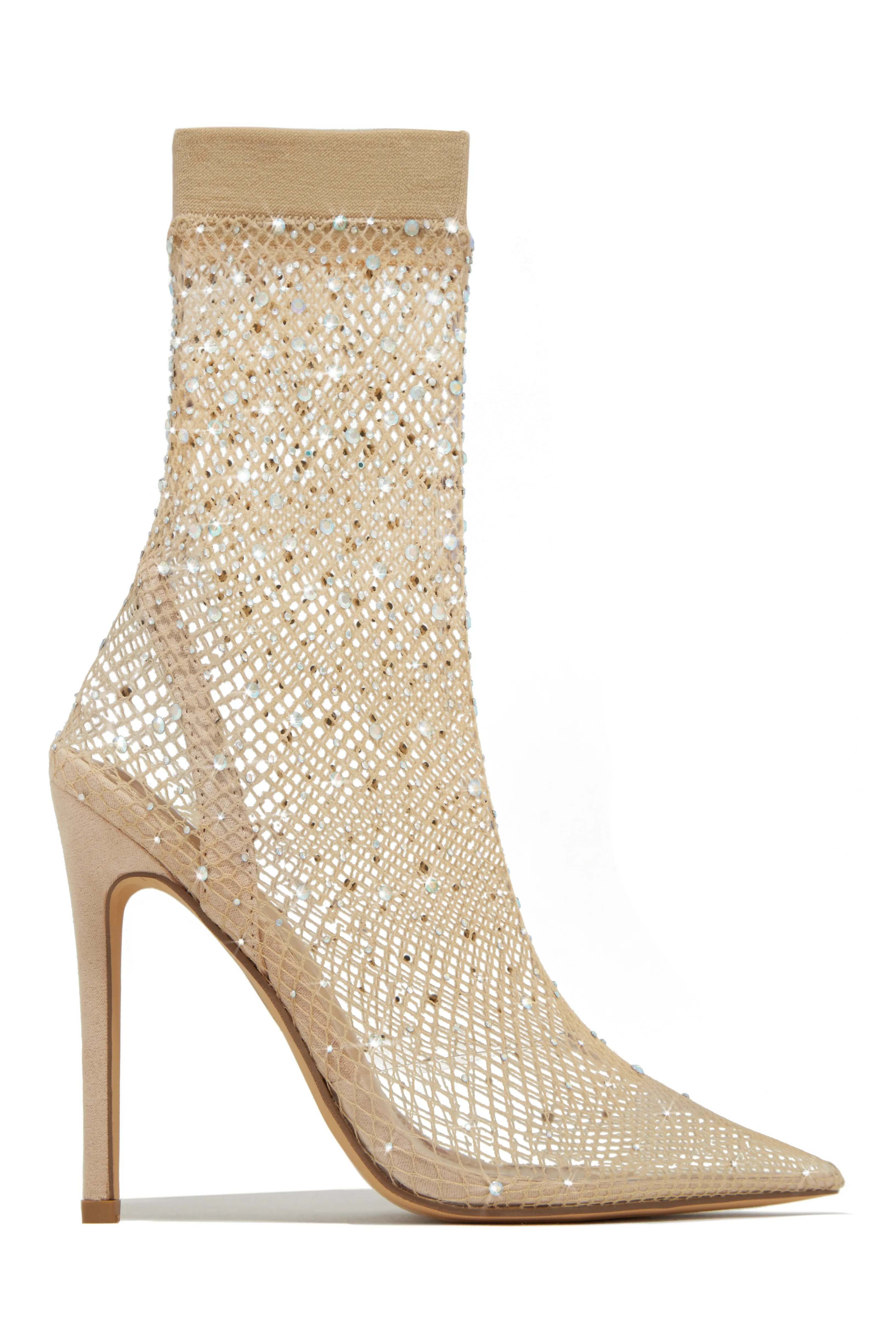 Aliza Embellished Fishnet Ankle Boots - Nude