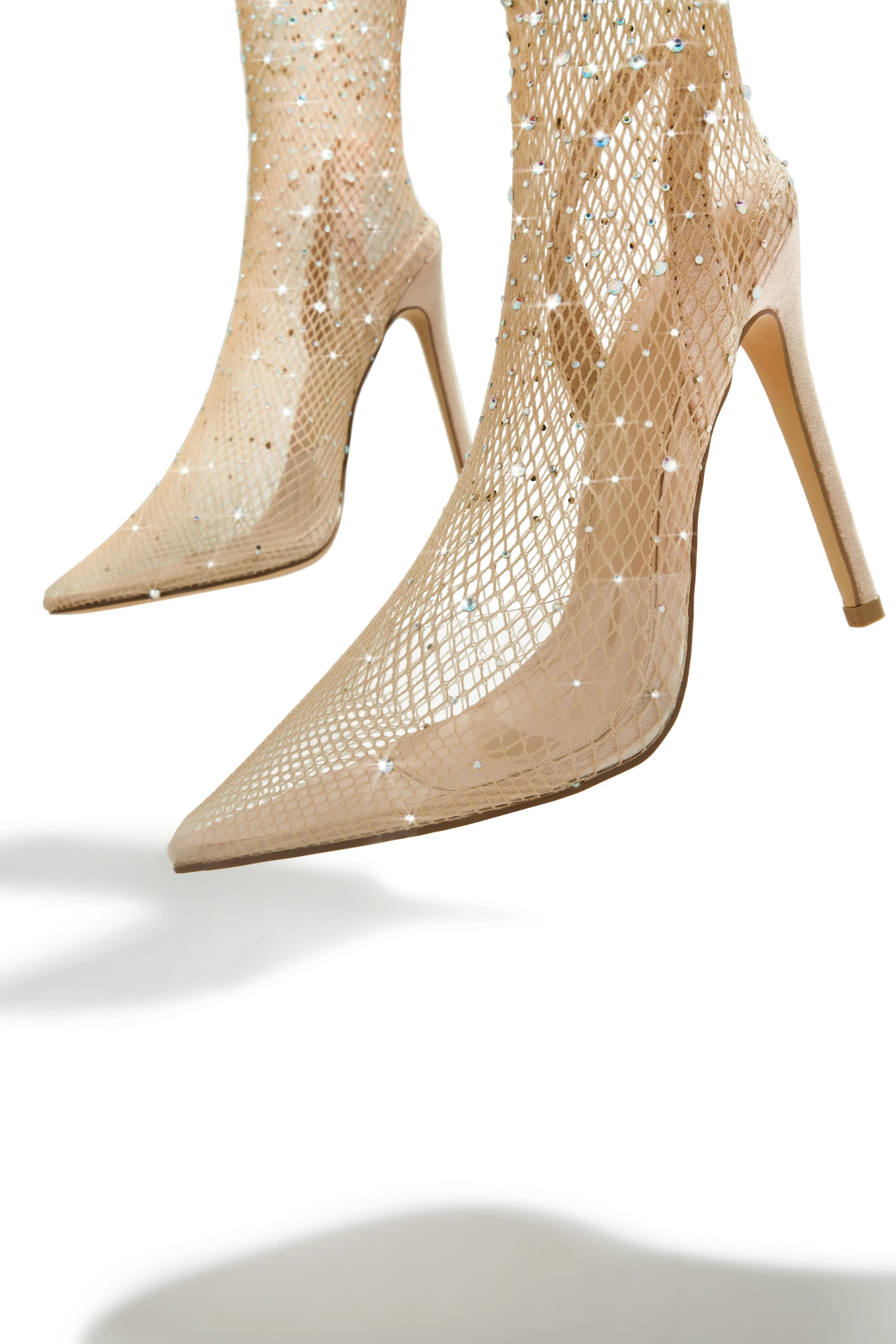 Aliza Embellished Fishnet Ankle Boots - Nude