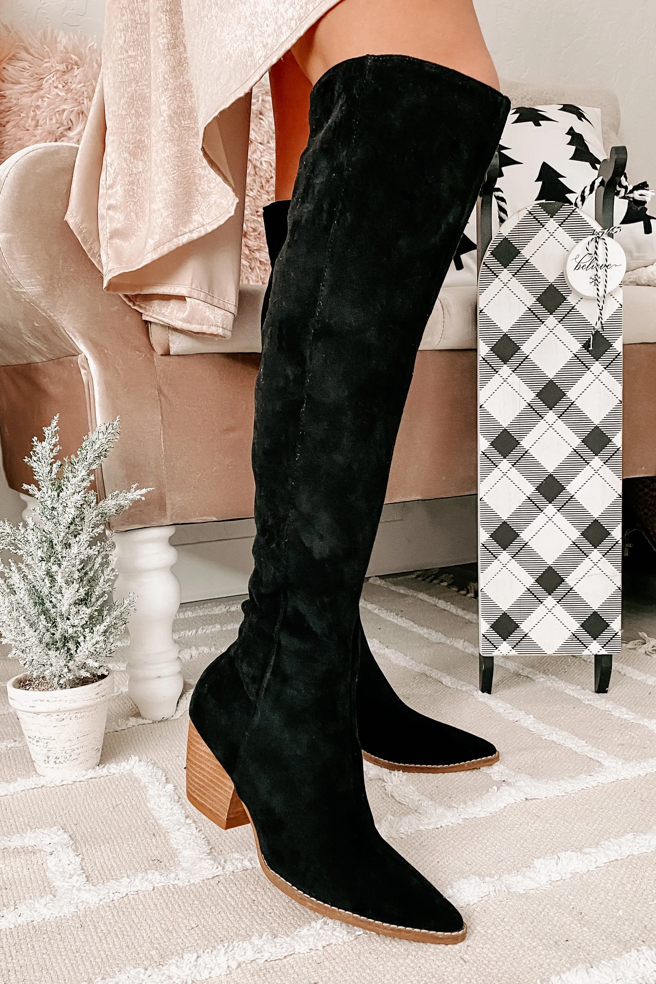 Arisa Faux Suede Over The Knee Boots (Black)