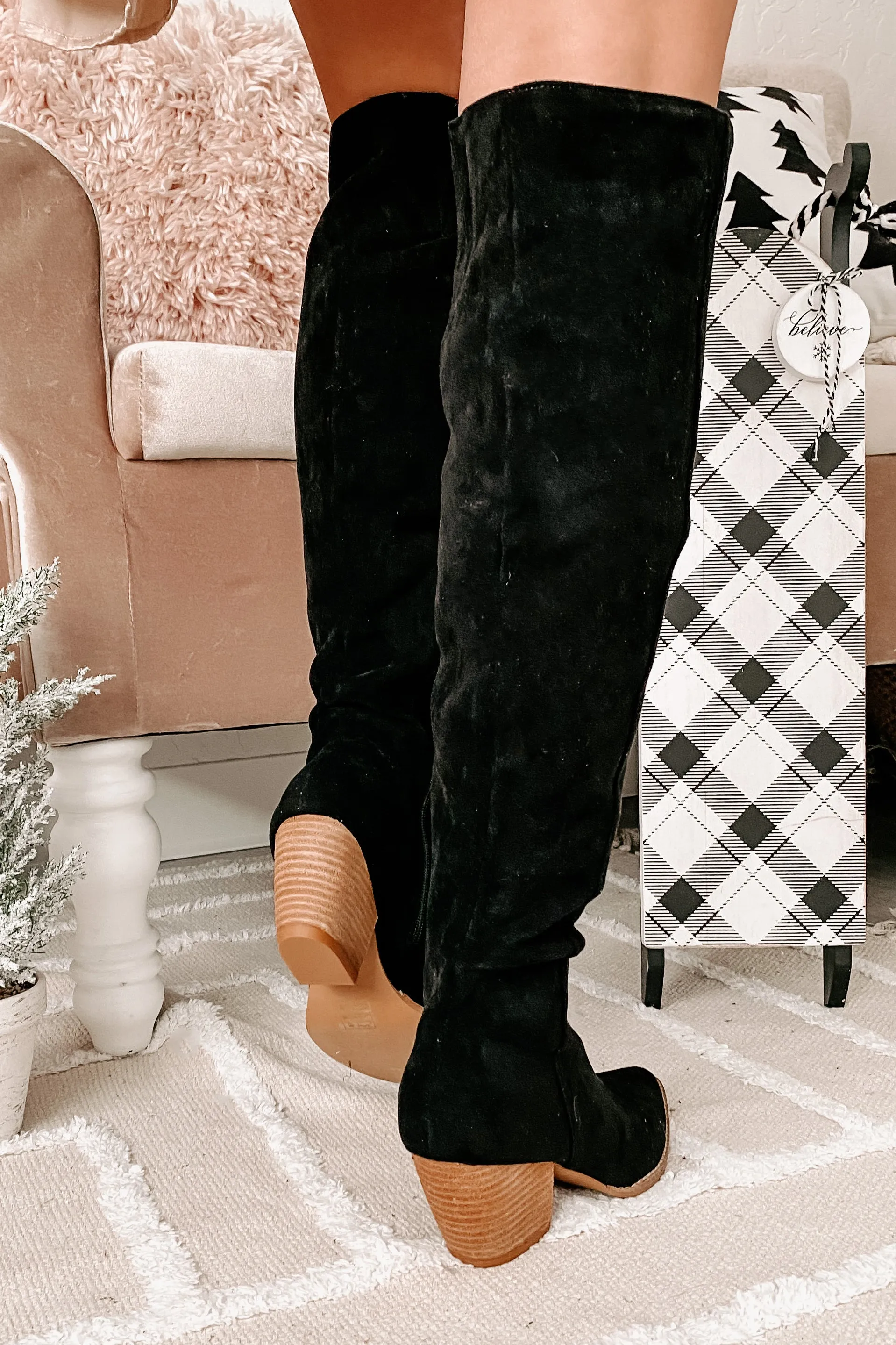 Arisa Faux Suede Over The Knee Boots (Black)