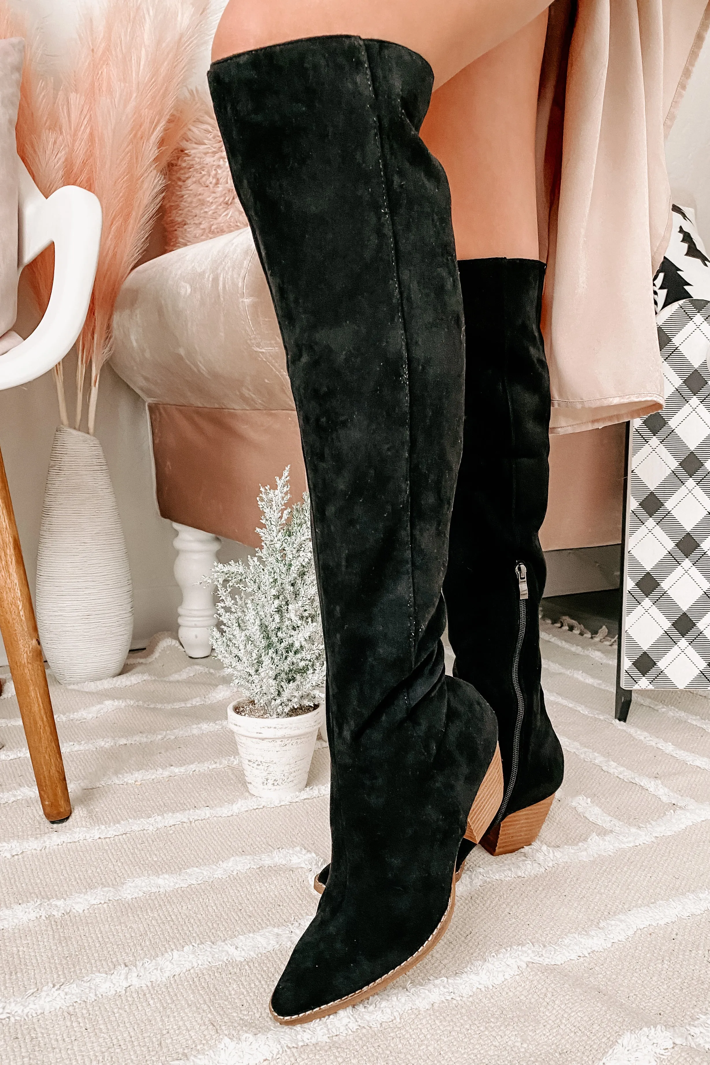 Arisa Faux Suede Over The Knee Boots (Black)