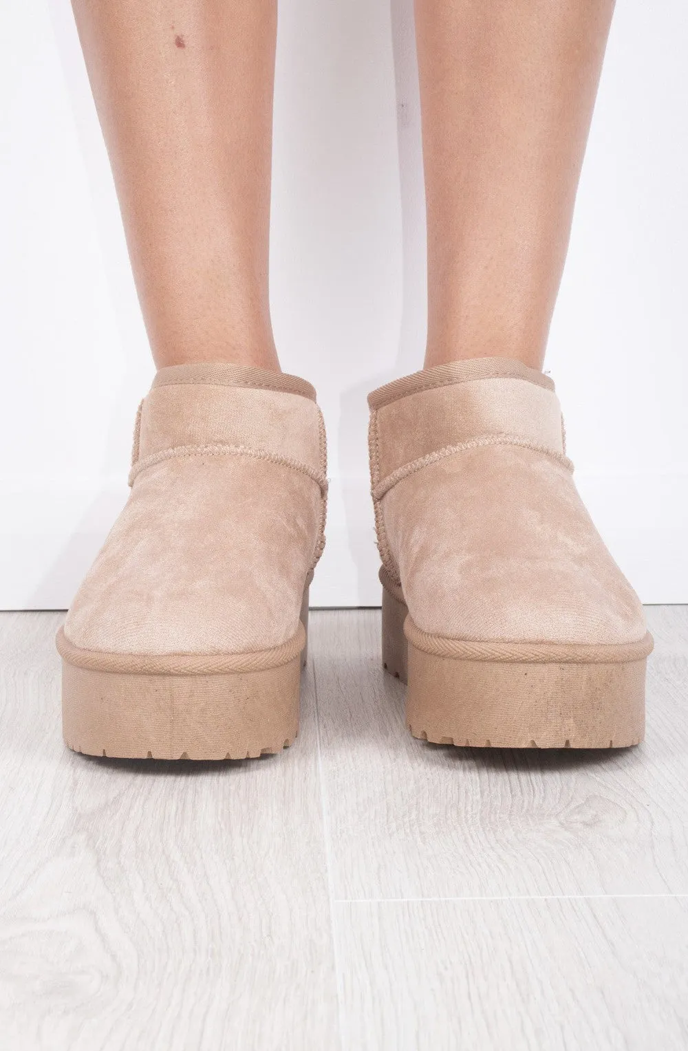 Beige Faux Suede Ultra Mini Ankle Ribbed Sole Platform Boots
