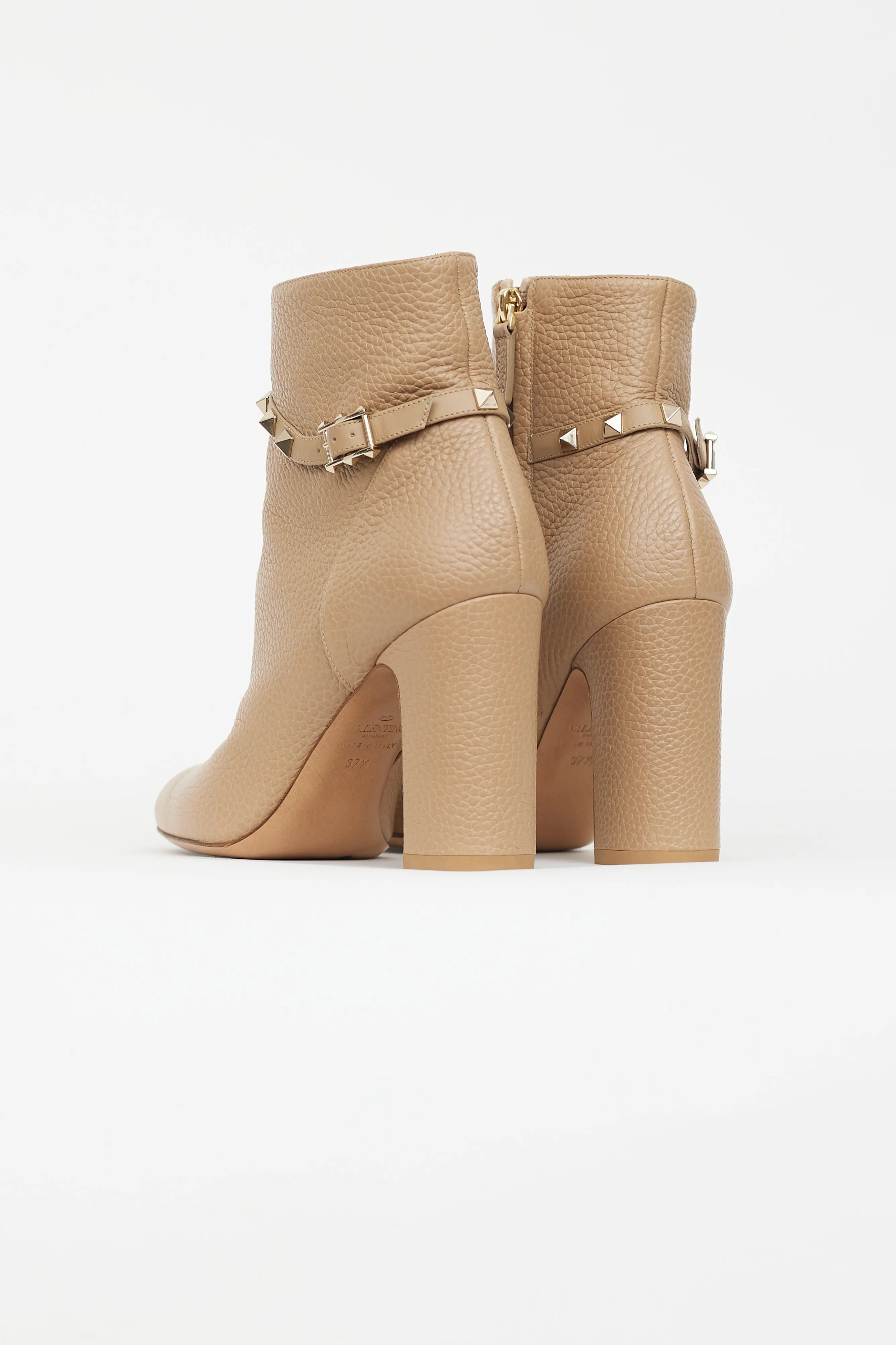 Beige Leather Rockstud Strap Boot
