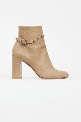 Beige Leather Rockstud Strap Boot