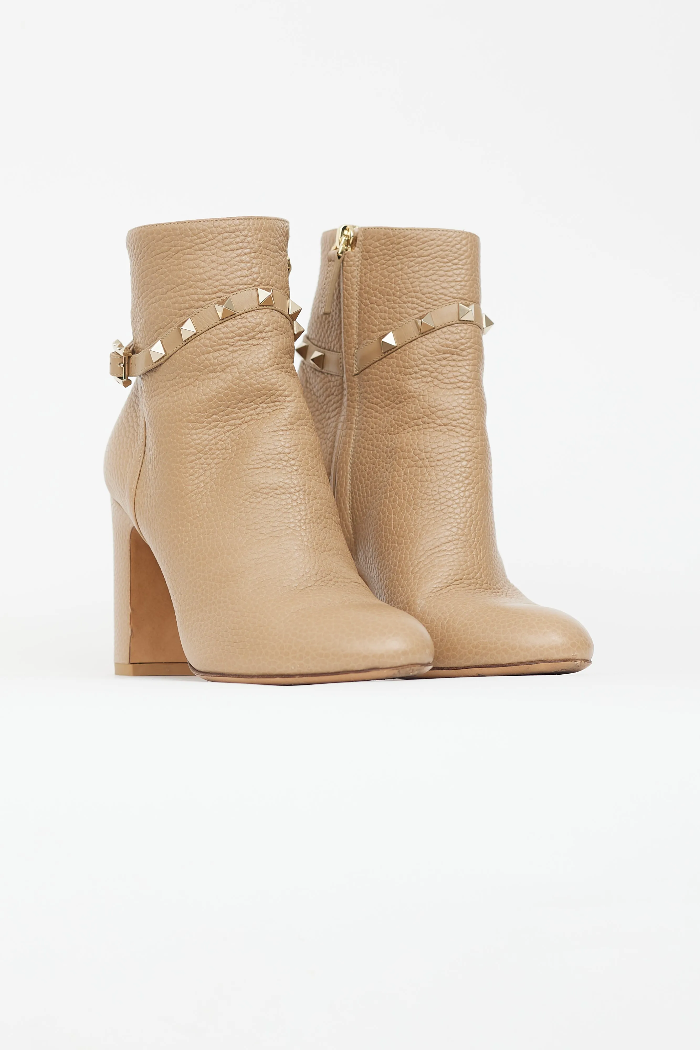 Beige Leather Rockstud Strap Boot