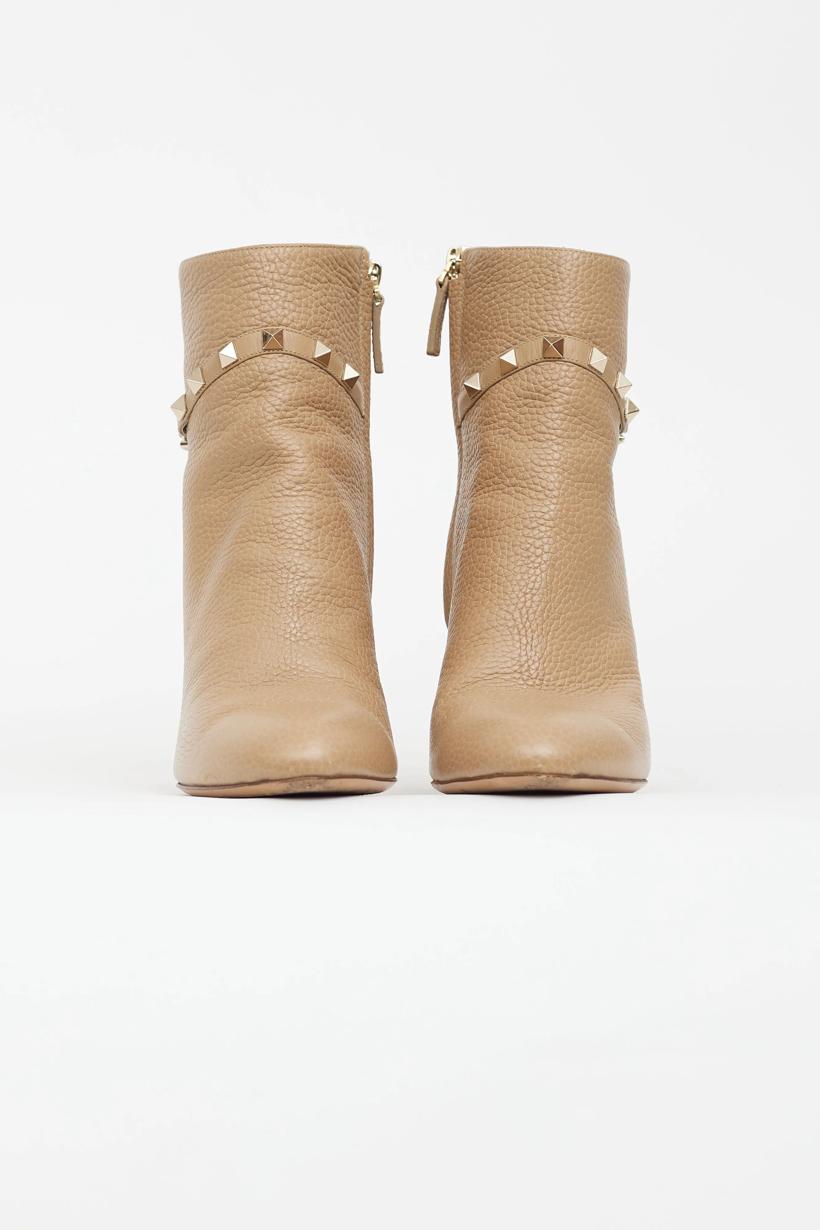 Beige Leather Rockstud Strap Boot