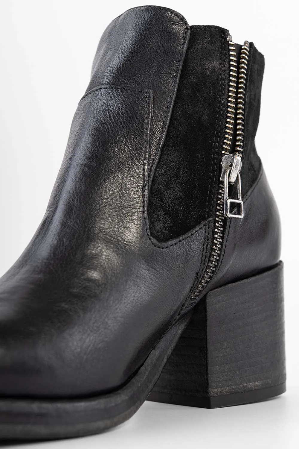 BERKELEY charcoal-black mid heel low boots.