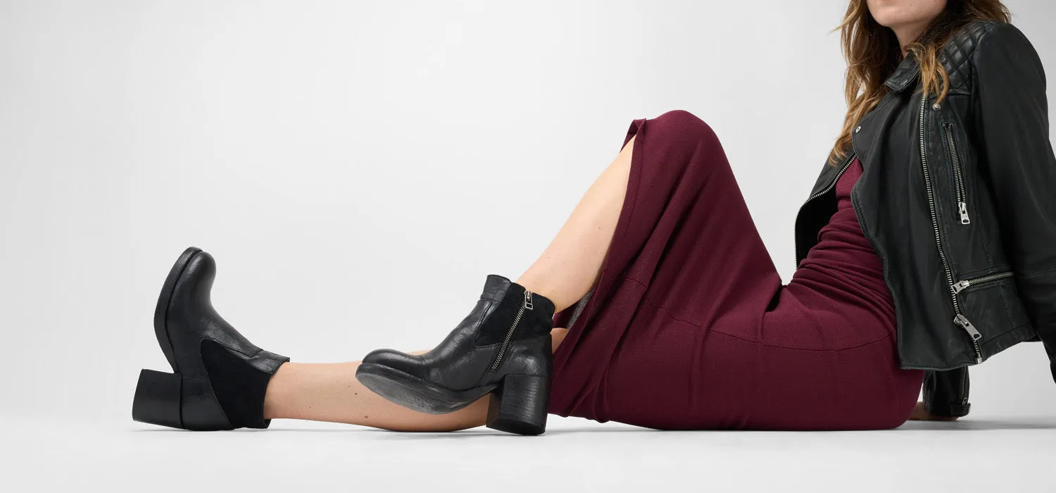 BERKELEY charcoal-black mid heel low boots.