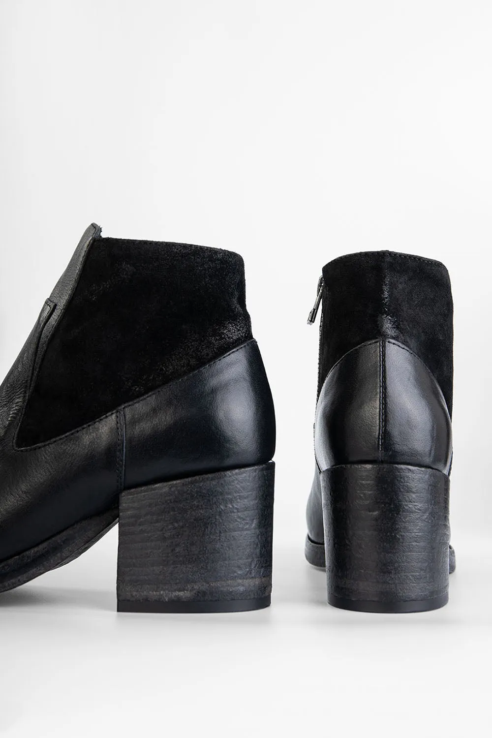 BERKELEY charcoal-black mid heel low boots.