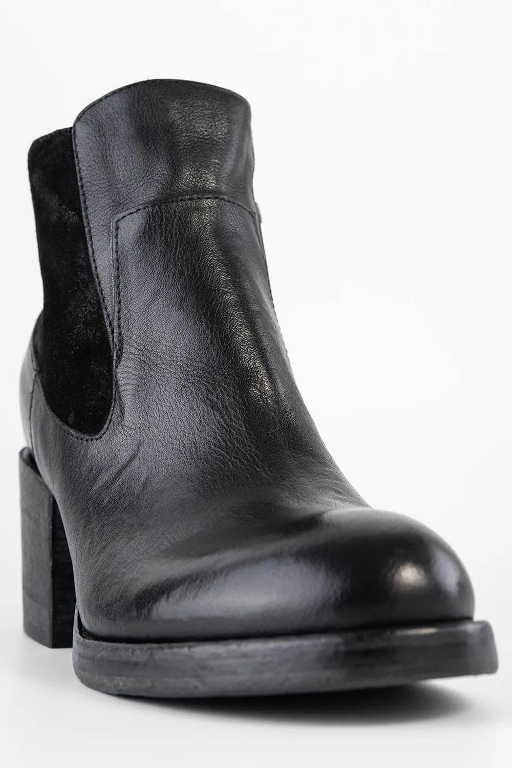 BERKELEY charcoal-black mid heel low boots.