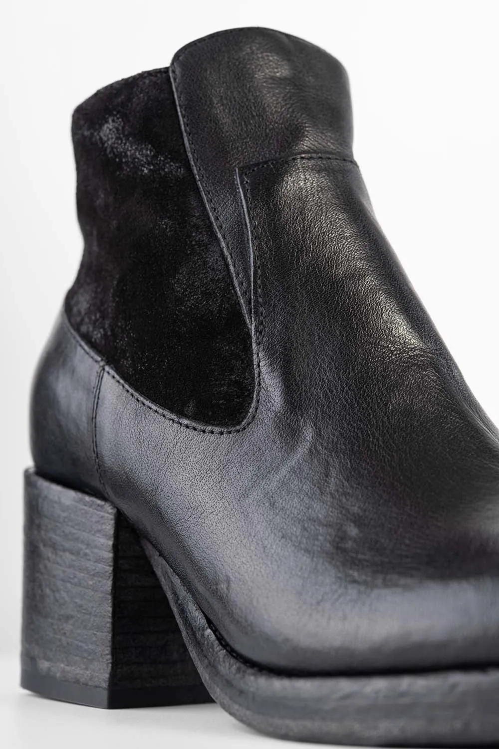 BERKELEY charcoal-black mid heel low boots.