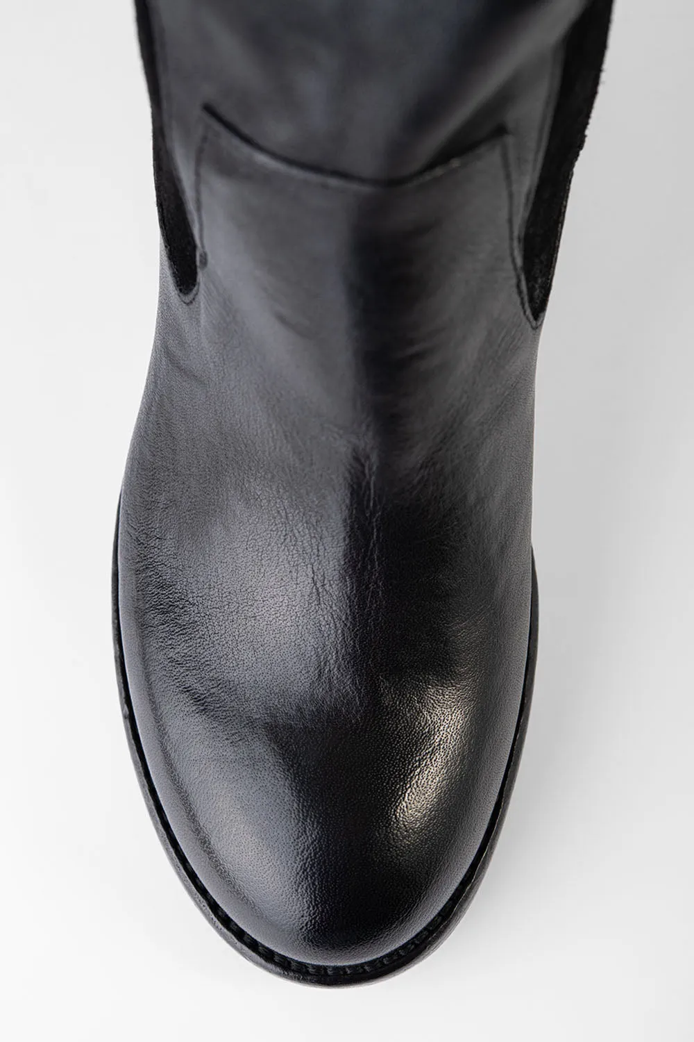 BERKELEY charcoal-black mid heel low boots.