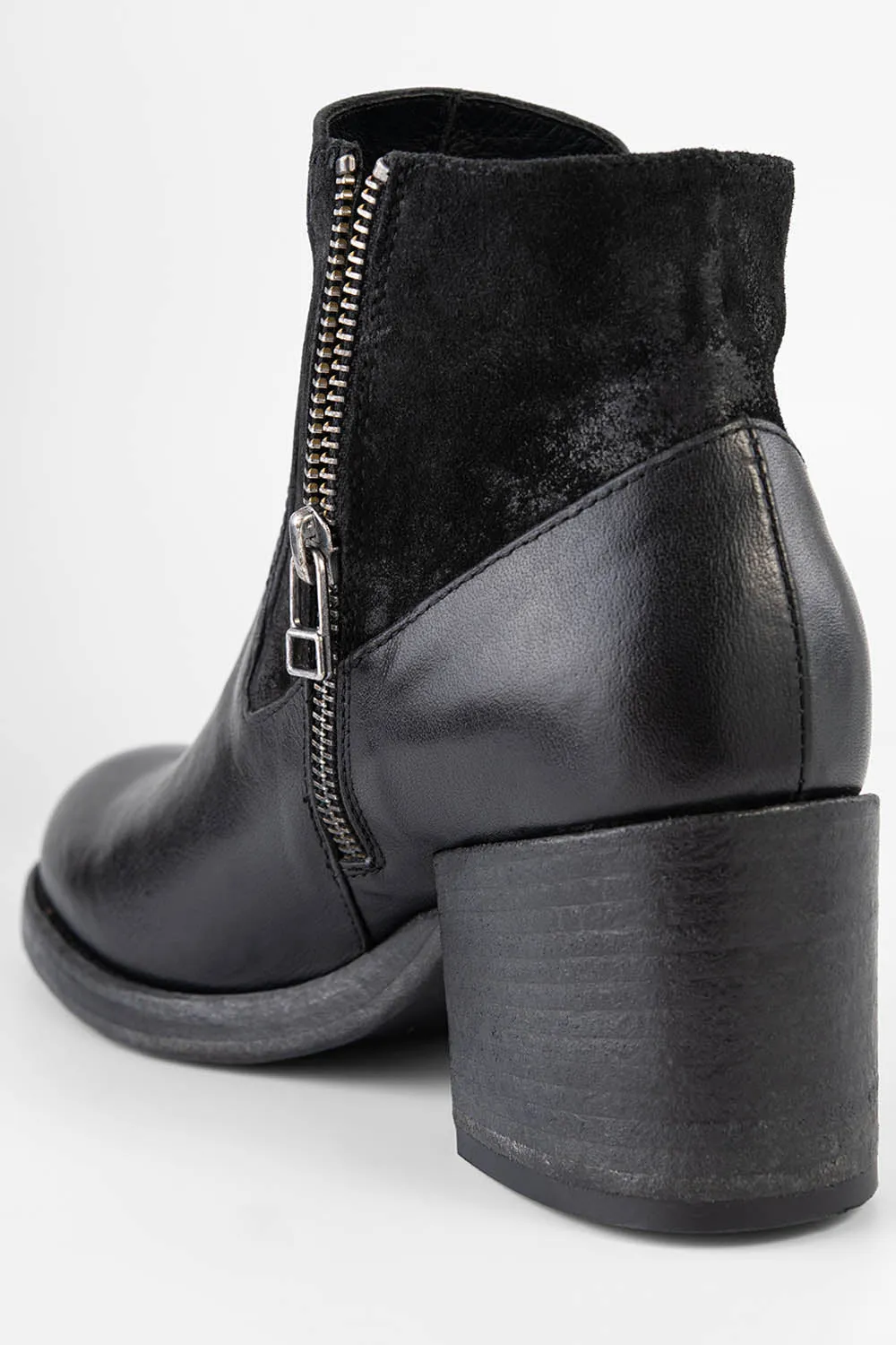 BERKELEY charcoal-black mid heel low boots.