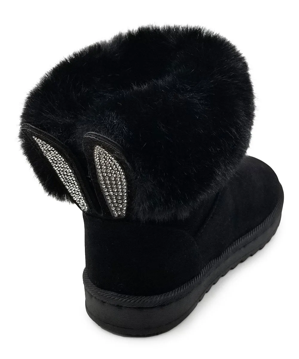 Black Embellished Ear-Accent Plush Ankle Boot - Girls
