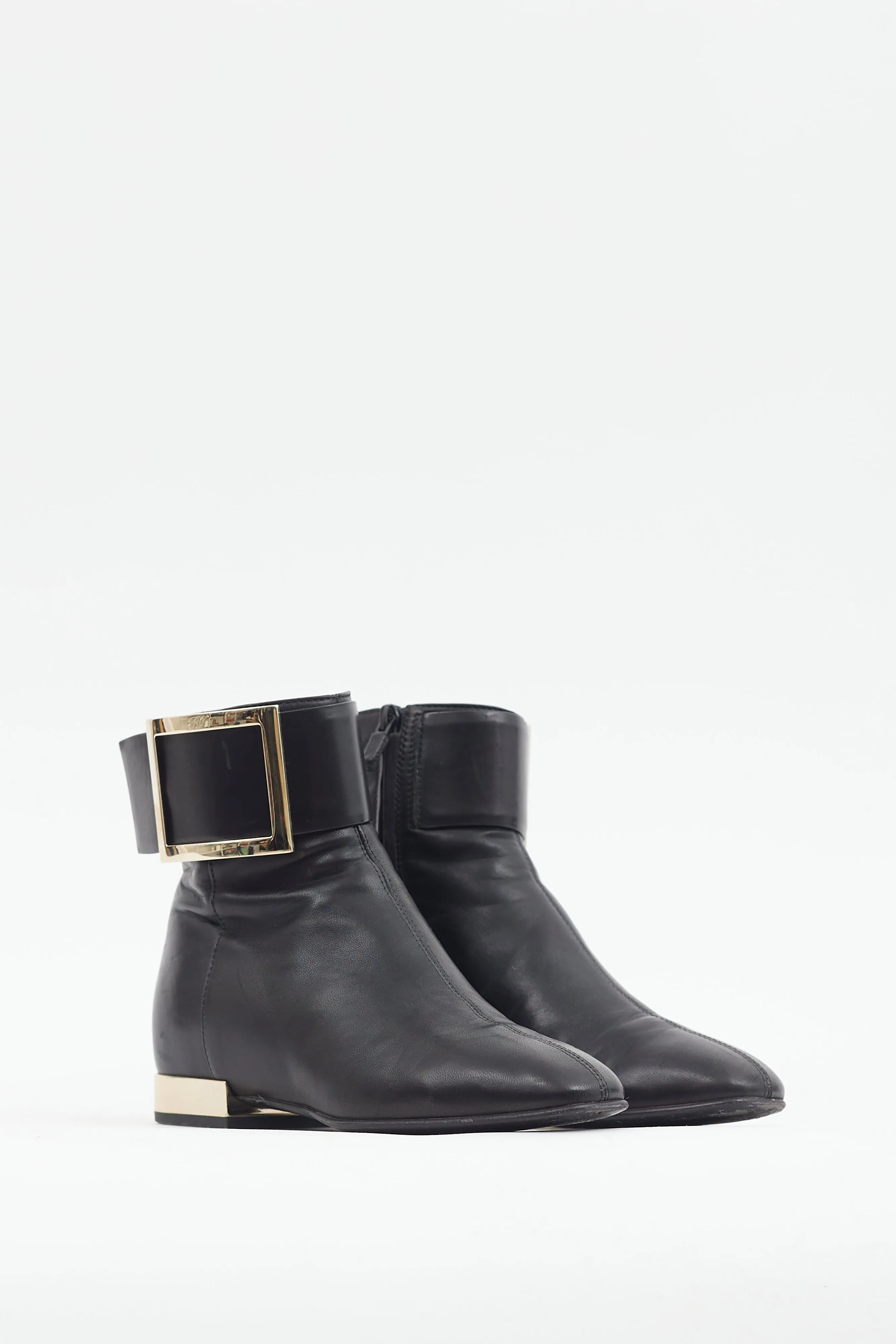 Black Leather Buckle Ankle Boot