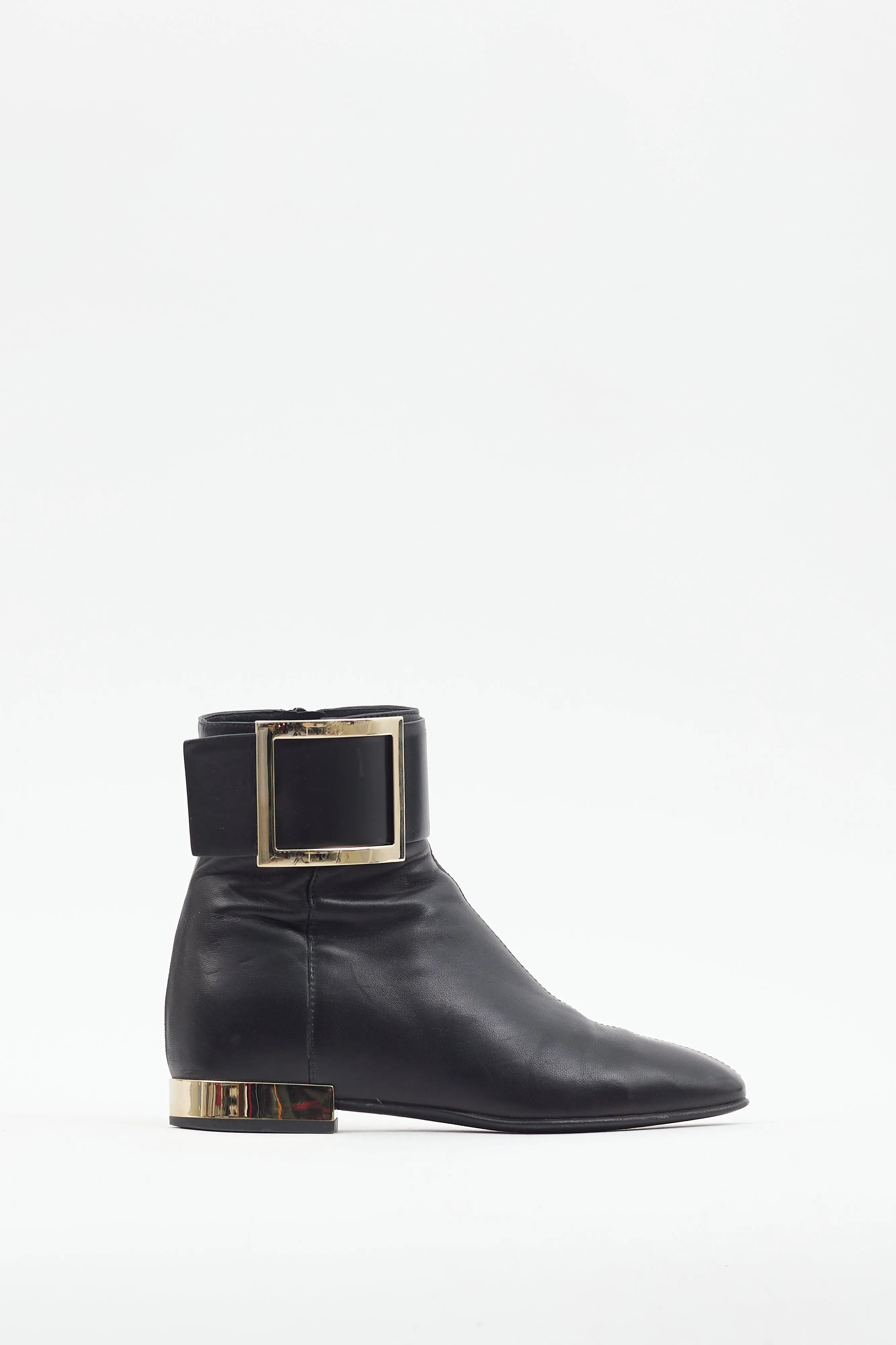 Black Leather Buckle Ankle Boot