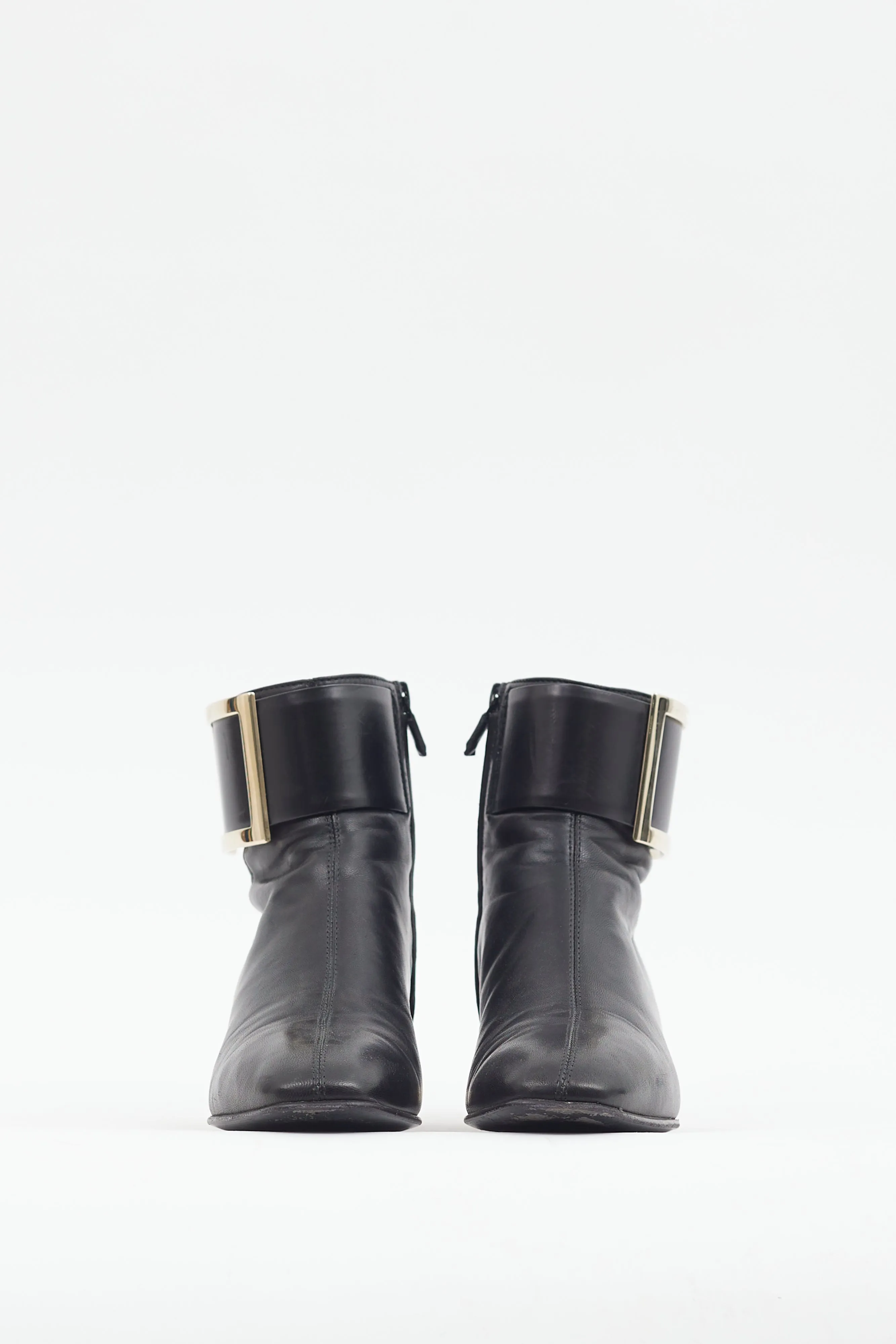 Black Leather Buckle Ankle Boot