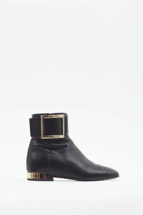 Black Leather Buckle Ankle Boot