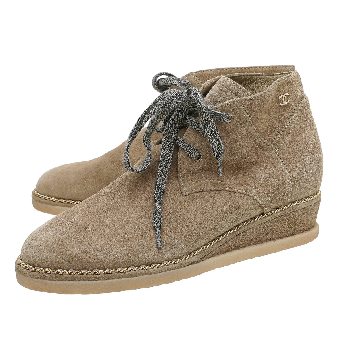 Chanel Brown Suede Chain Link Wedge Ankle Boots 36.5