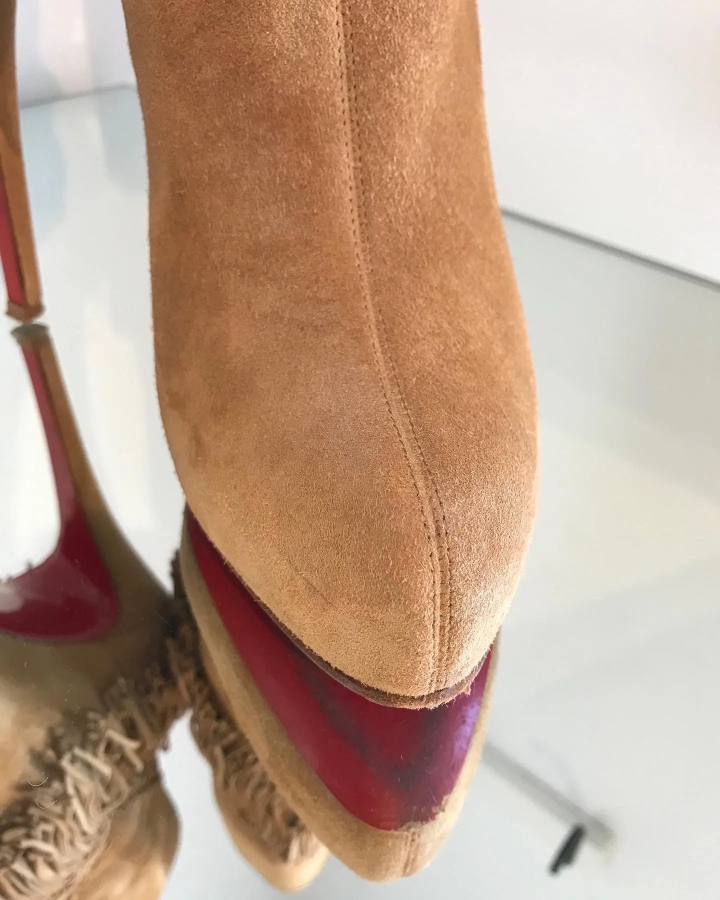 CHRISTIAN LOUBOUTIN ROM 120 Fringe Platform Suede High Heel Ankle Boots