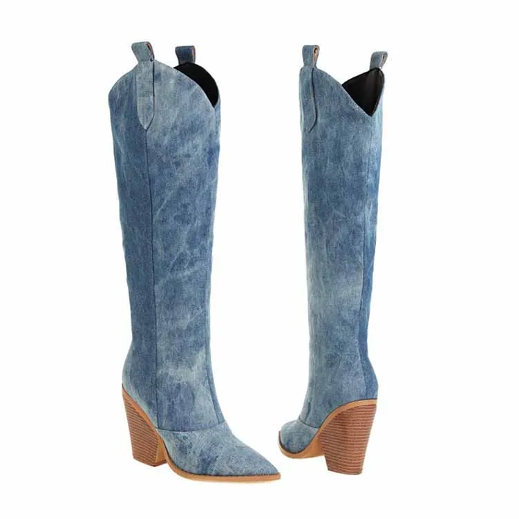 Cowgirl Knee Boots Wedge High Heel Cowboy Boots Slip On Shoes  Short Plush