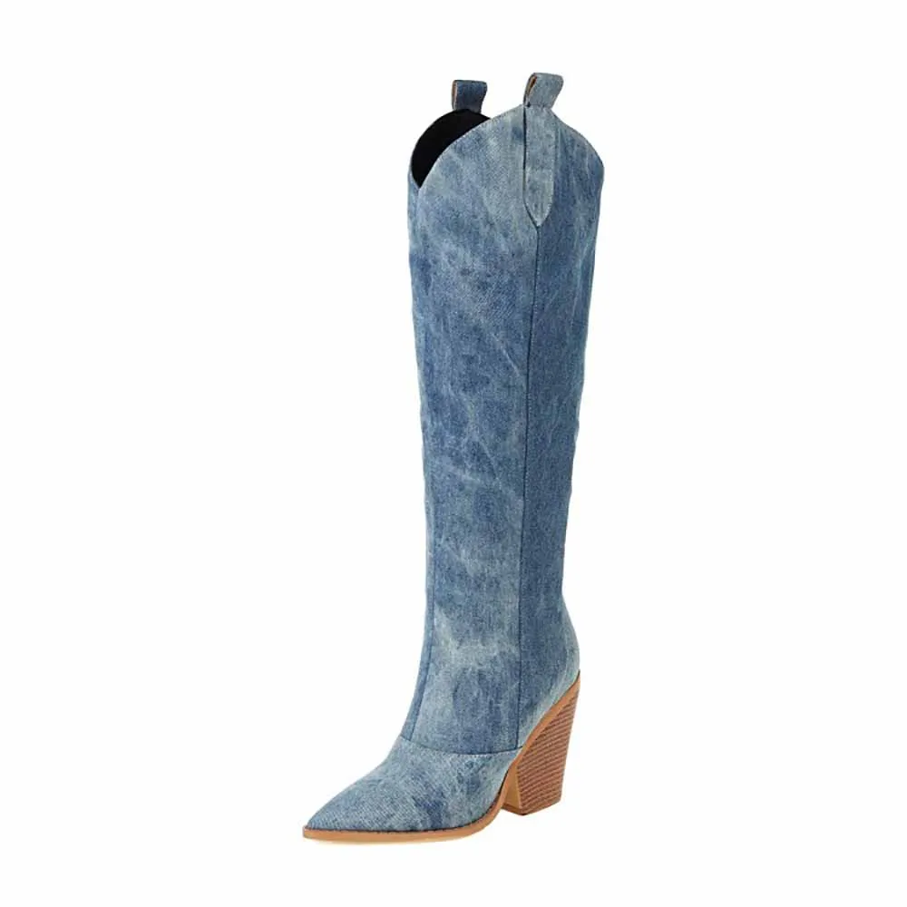 Cowgirl Knee Boots Wedge High Heel Cowboy Boots Slip On Shoes  Short Plush