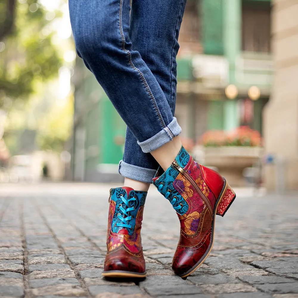 CrazycatZ Womens Boots Bohemian Block Heel Leather Colorful Ankle Boots Red