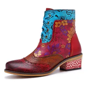 CrazycatZ Womens Boots Bohemian Block Heel Leather Colorful Ankle Boots Red