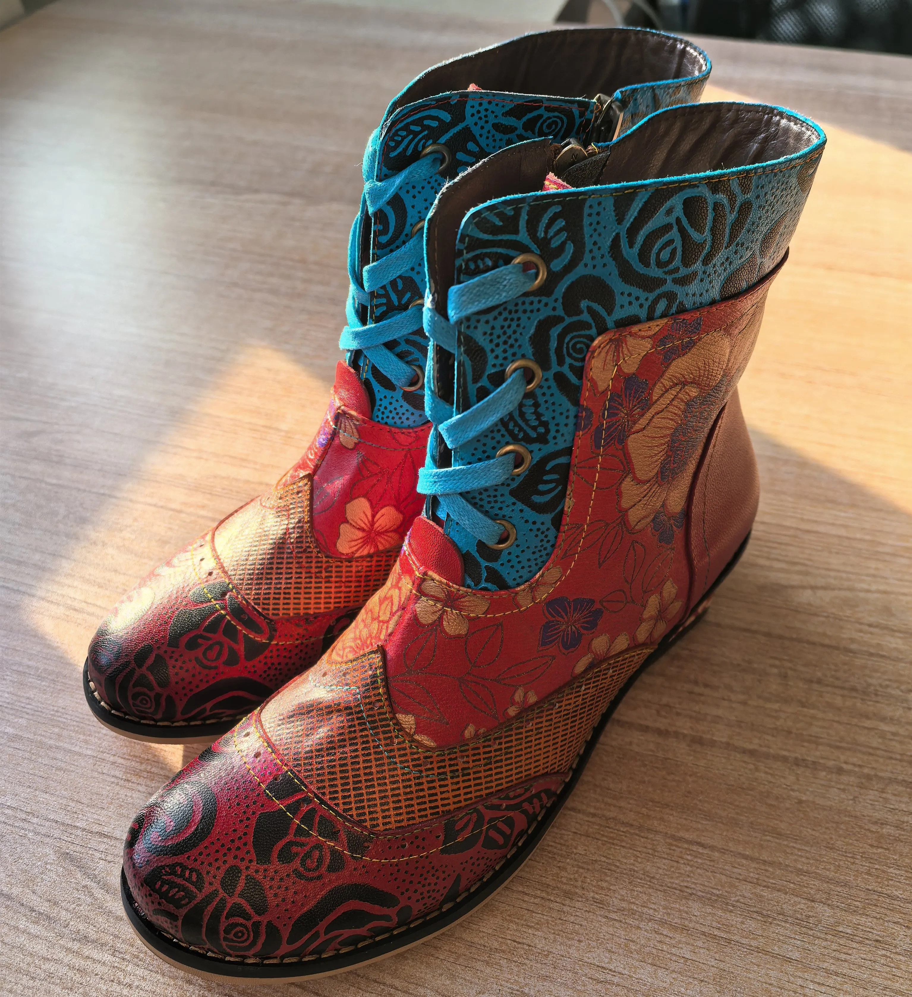 CrazycatZ Womens Boots Bohemian Block Heel Leather Colorful Ankle Boots Red
