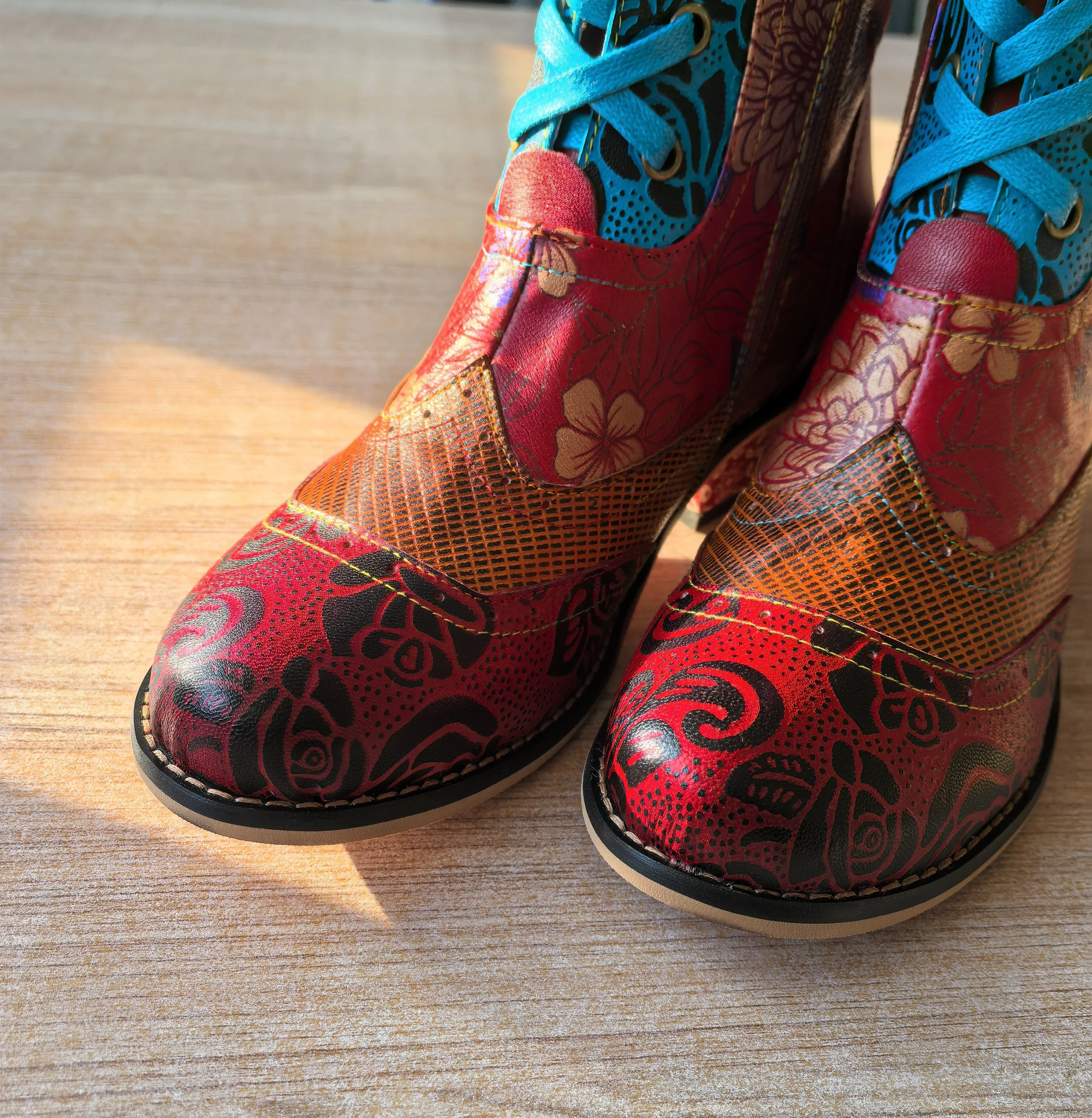 CrazycatZ Womens Boots Bohemian Block Heel Leather Colorful Ankle Boots Red