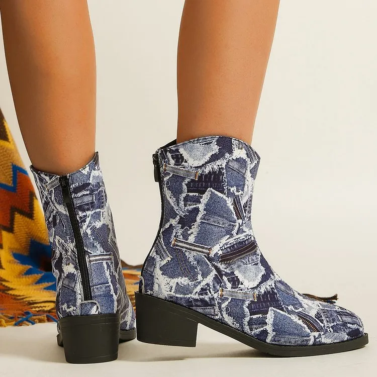 elveswallet Denim patch embellished ankle boots