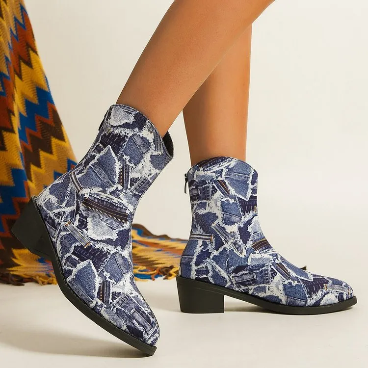elveswallet Denim patch embellished ankle boots
