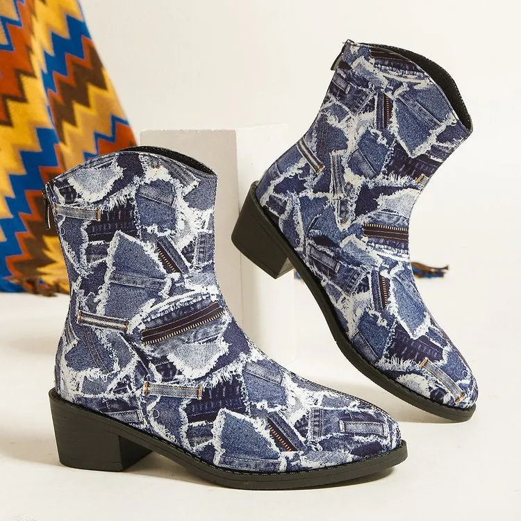 elveswallet Denim patch embellished ankle boots