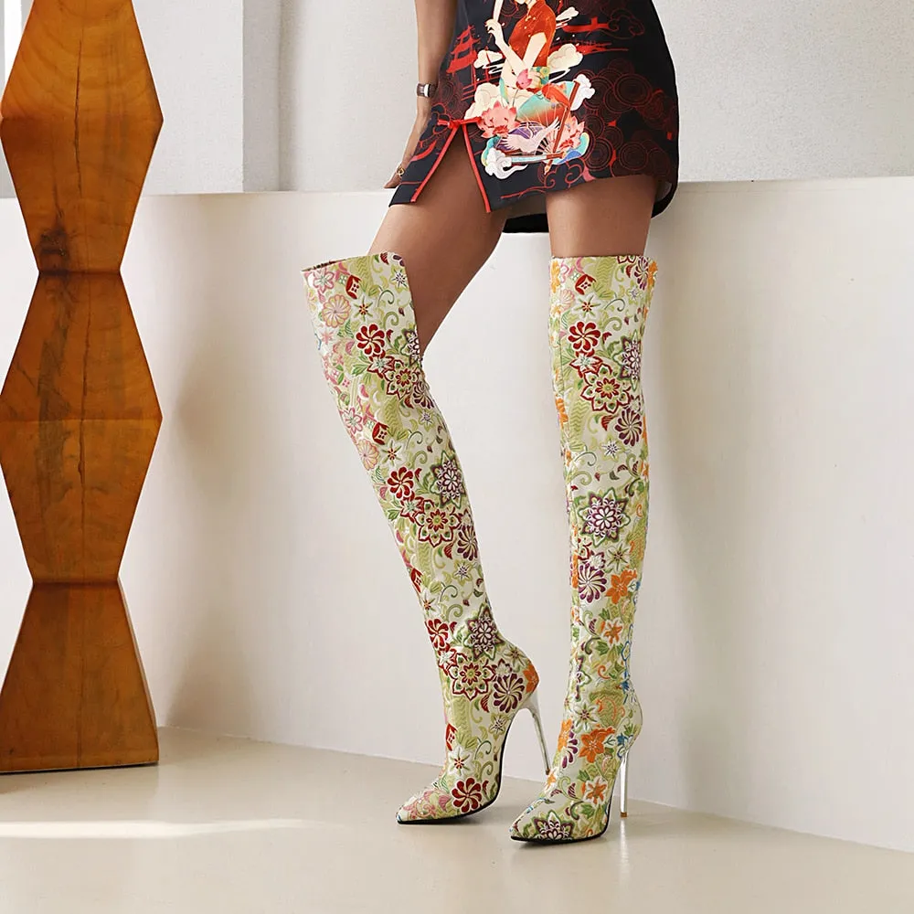 Embroidery Pointed Toe Over-The-Knee Crystal Stiletto Boots