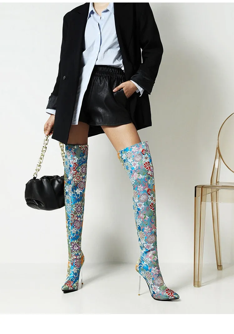 Embroidery Pointed Toe Over-The-Knee Crystal Stiletto Boots