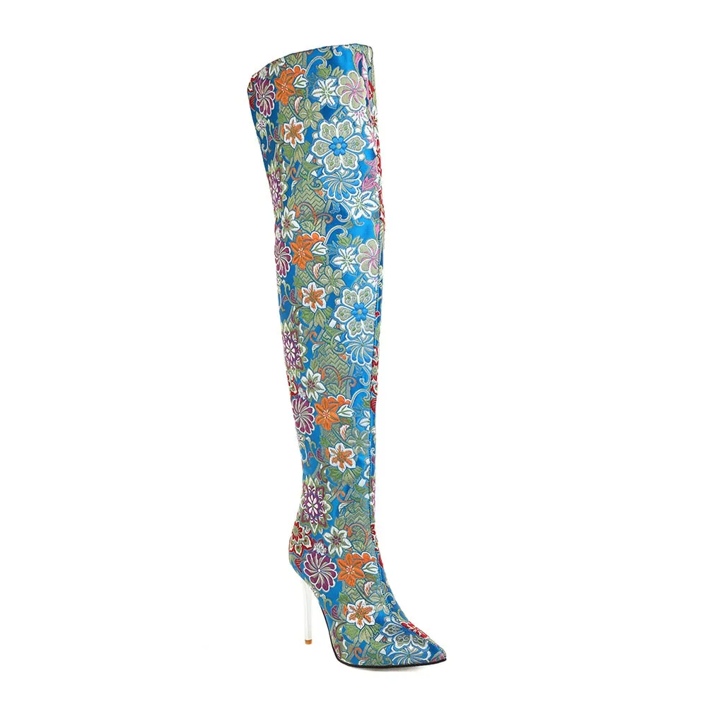 Embroidery Pointed Toe Over-The-Knee Crystal Stiletto Boots