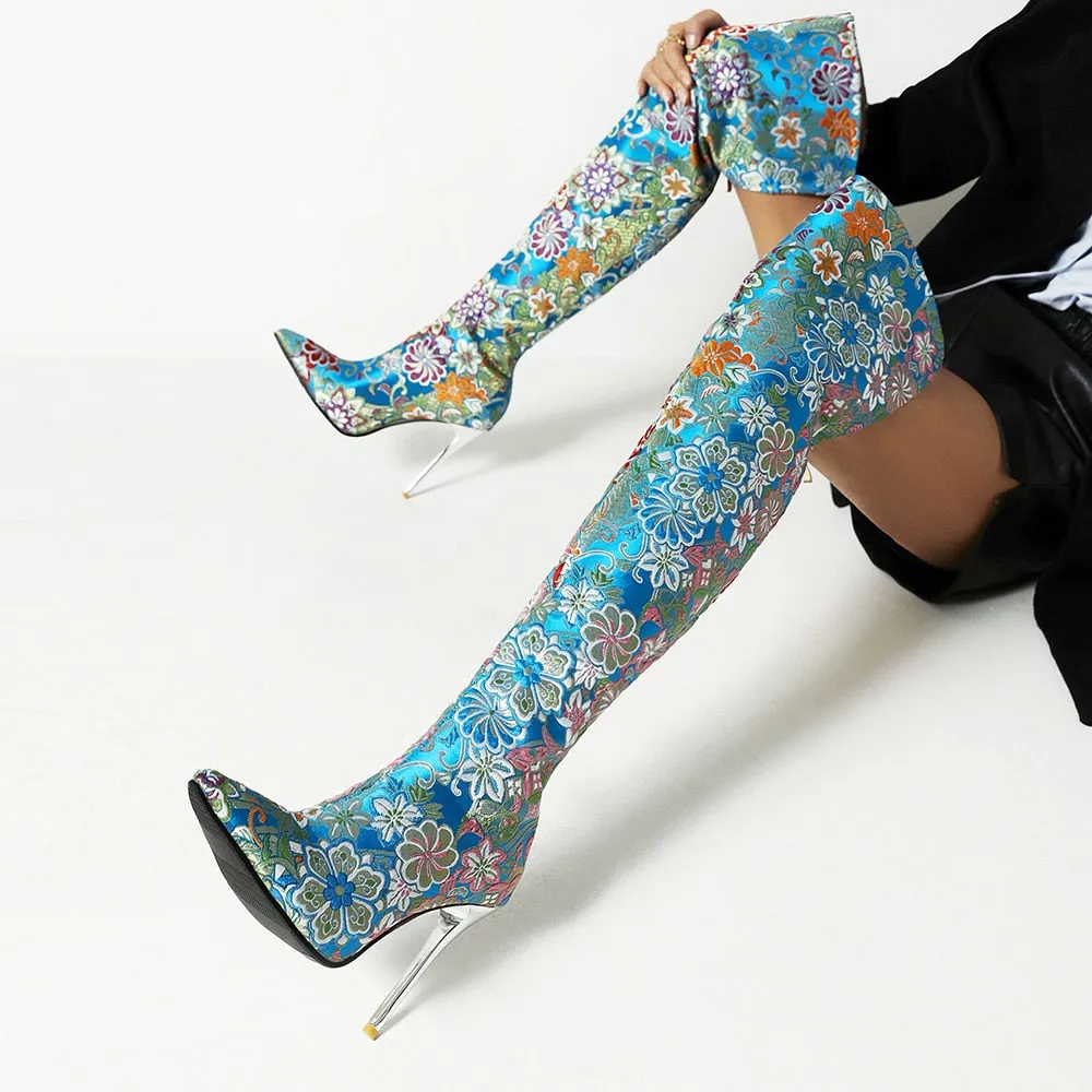 Embroidery Pointed Toe Over-The-Knee Crystal Stiletto Boots