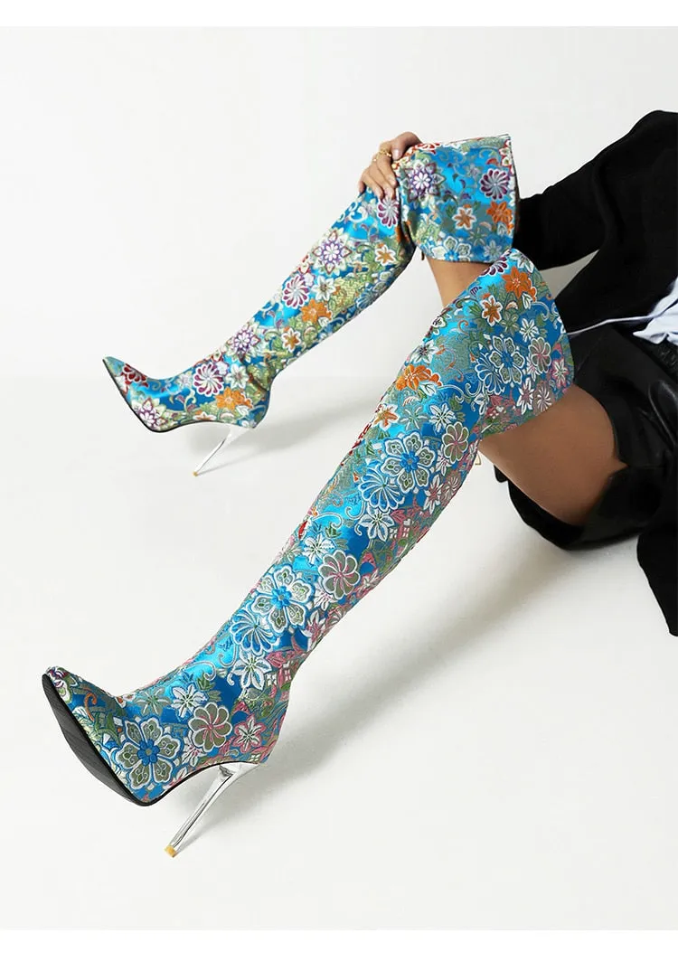 Embroidery Pointed Toe Over-The-Knee Crystal Stiletto Boots