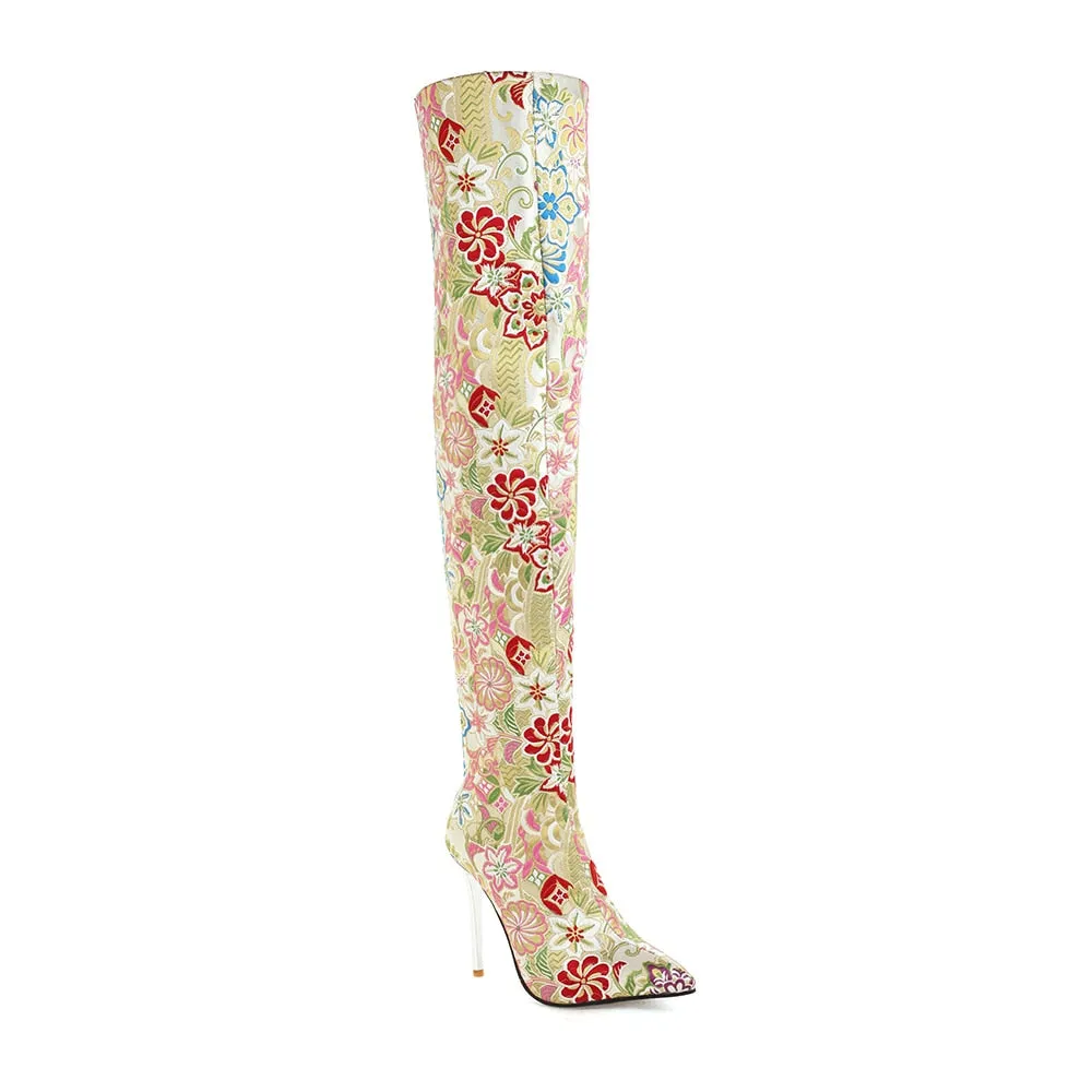 Embroidery Pointed Toe Over-The-Knee Crystal Stiletto Boots