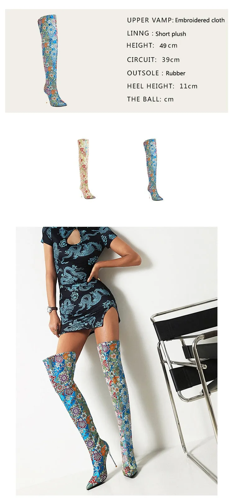 Embroidery Pointed Toe Over-The-Knee Crystal Stiletto Boots