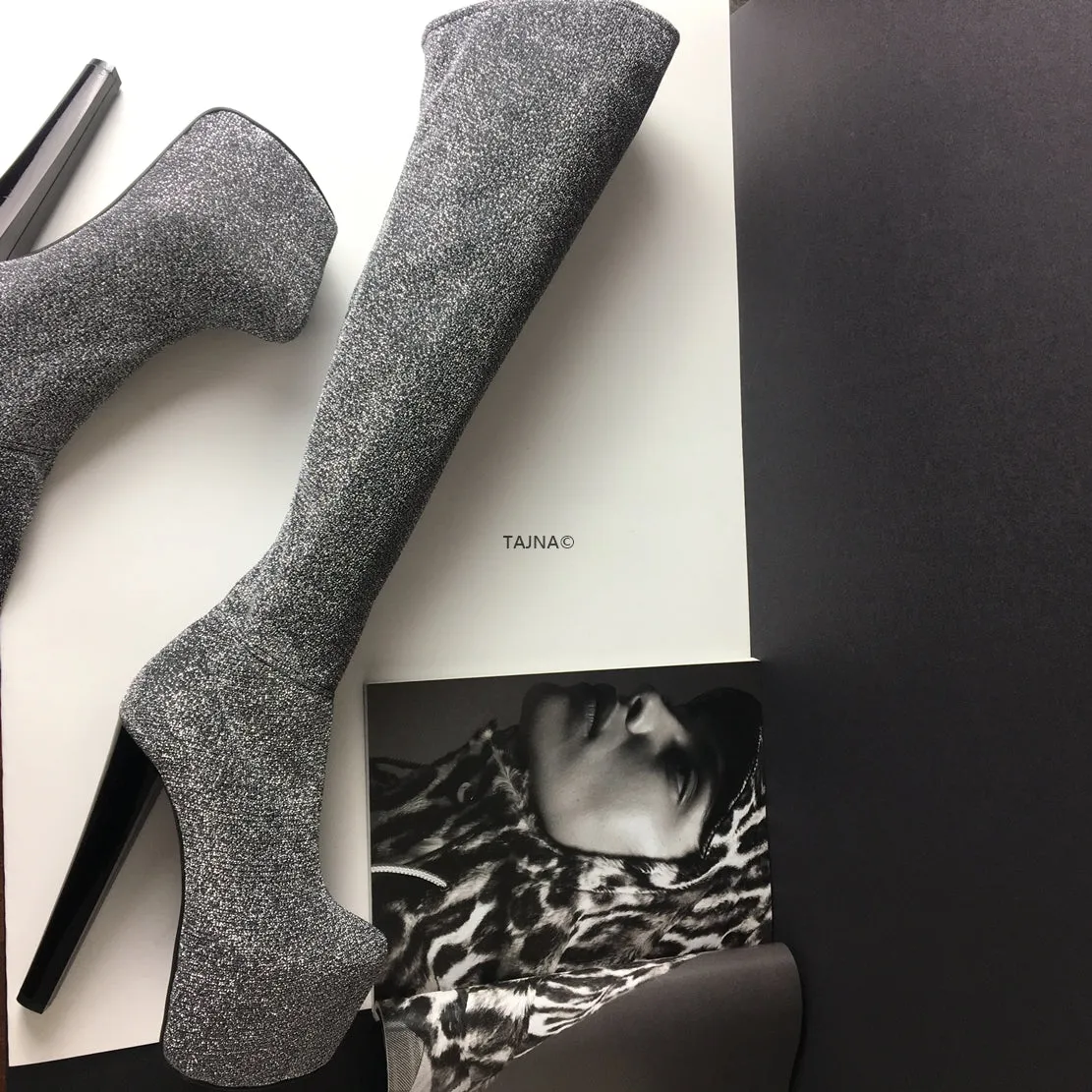 Gray Strech Knee High Platform Boots
