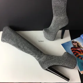 Gray Strech Knee High Platform Boots