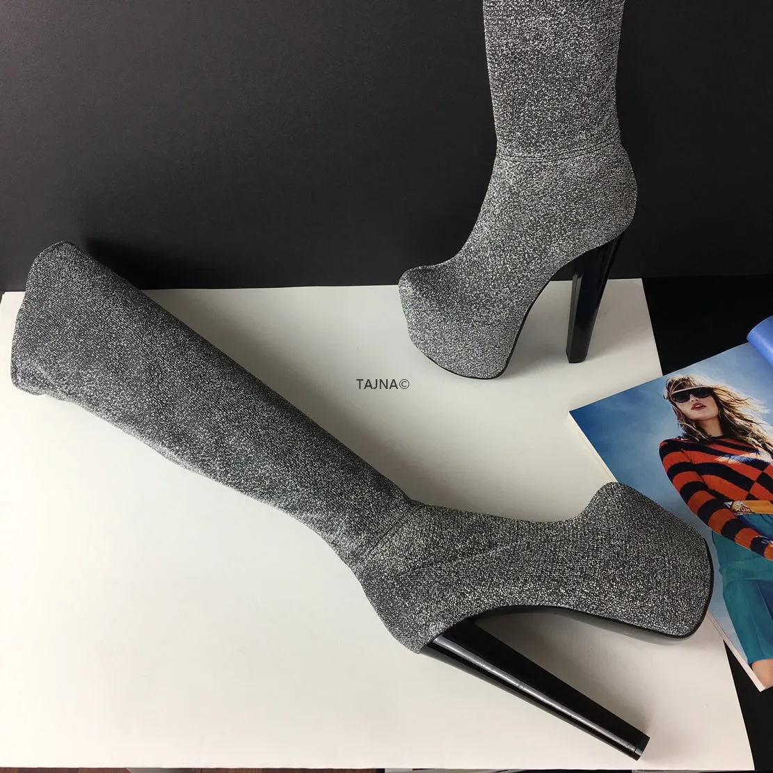 Gray Strech Knee High Platform Boots