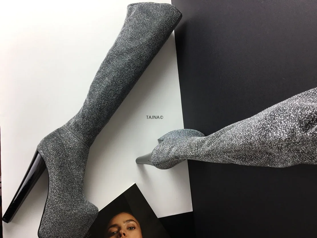 Gray Strech Knee High Platform Boots