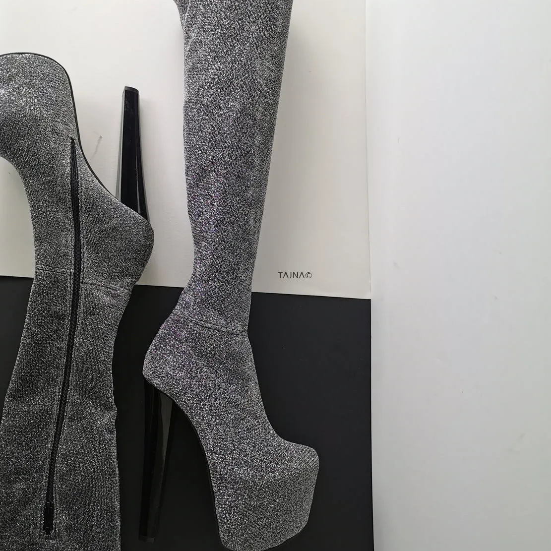 Gray Strech Knee High Platform Boots