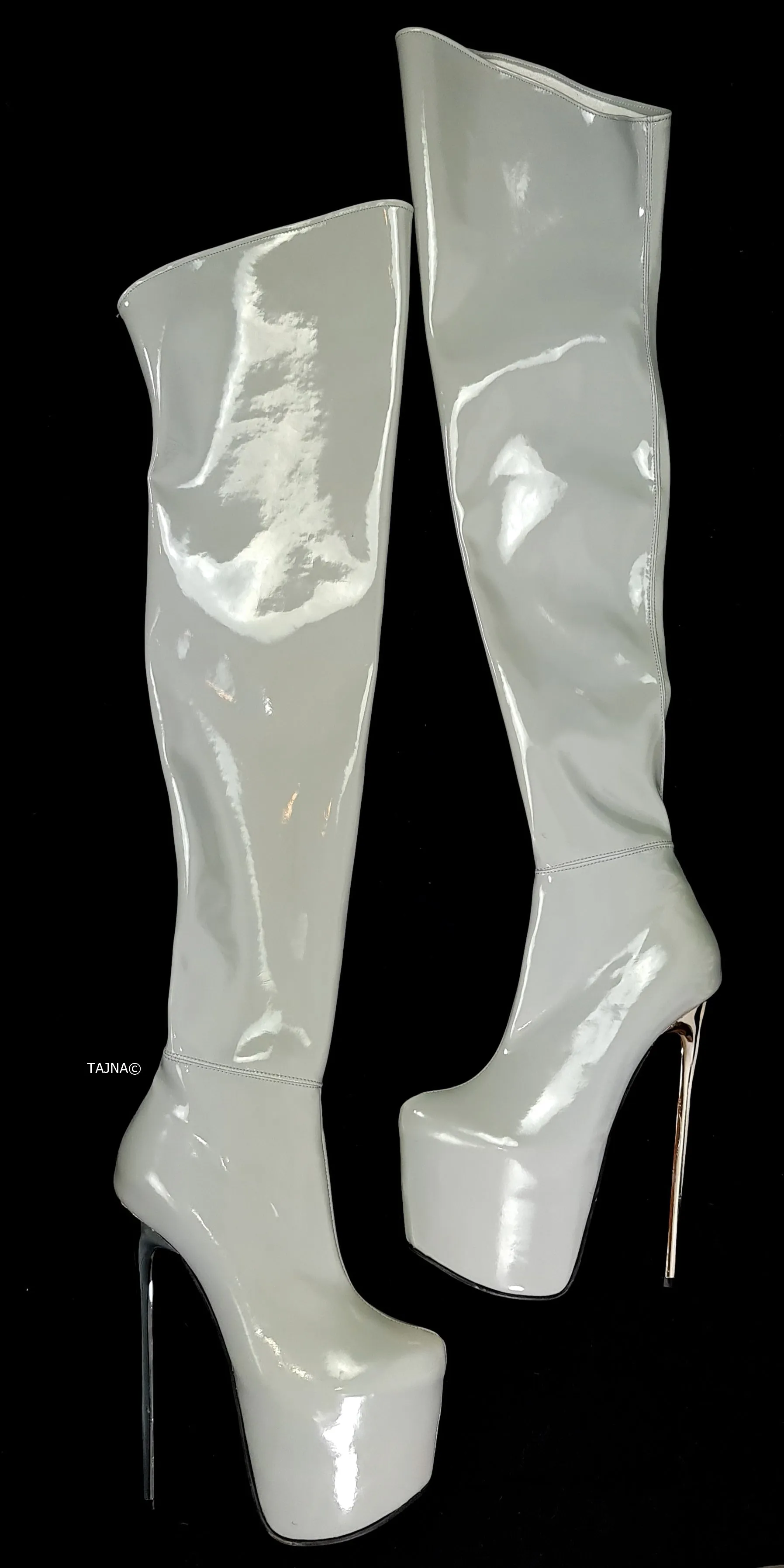 Gray Thigh High Gloss Metallic Heel Boots