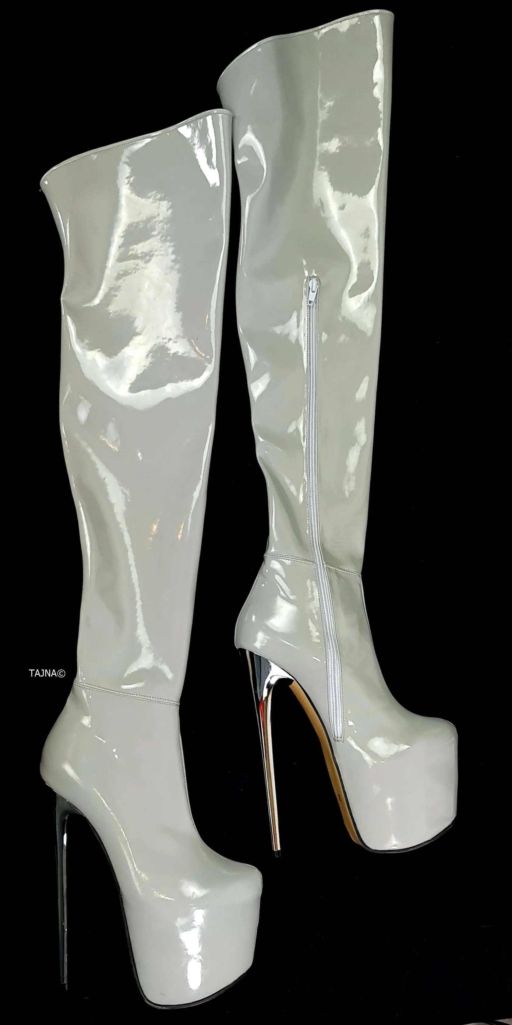 Gray Thigh High Gloss Metallic Heel Boots