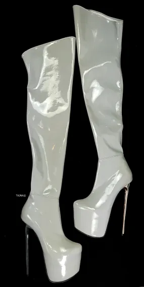 Gray Thigh High Gloss Metallic Heel Boots
