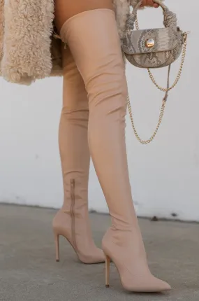 Groundbreaking Over The Knee High Heel Boots - Nude PU