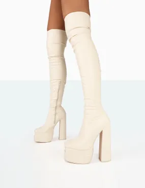 Identity Ecru Grain Pu Platform Heel Over The Knee Boots